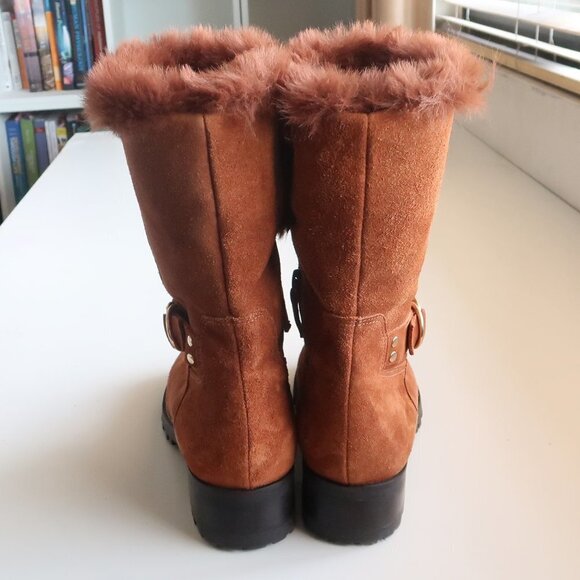 Talbots Tan / Light Brown Suede Leather & Fur Tall Half Calf Winter Boots Sz 7.5 - Picture 5 of 16